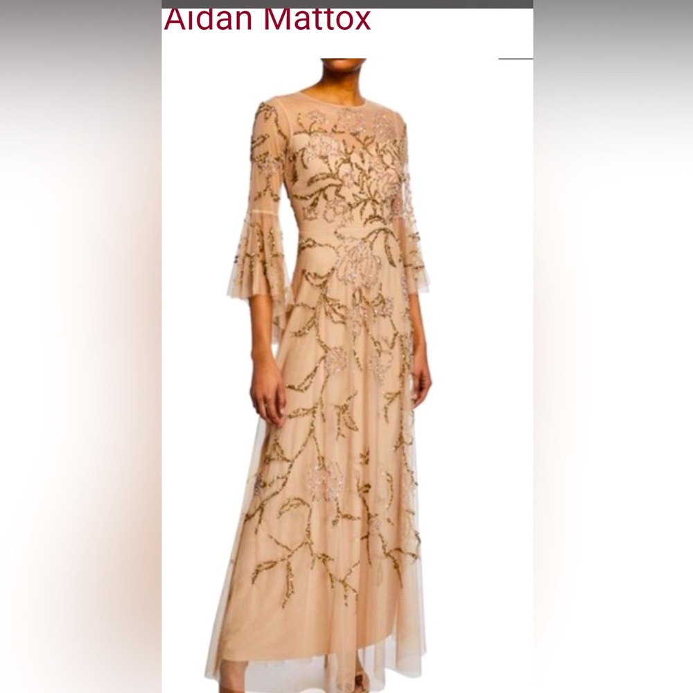 Formal MOB gown with a floral pattern with sequins.